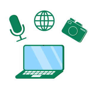 Illustration av en laptop med olika digitala medier ovanför