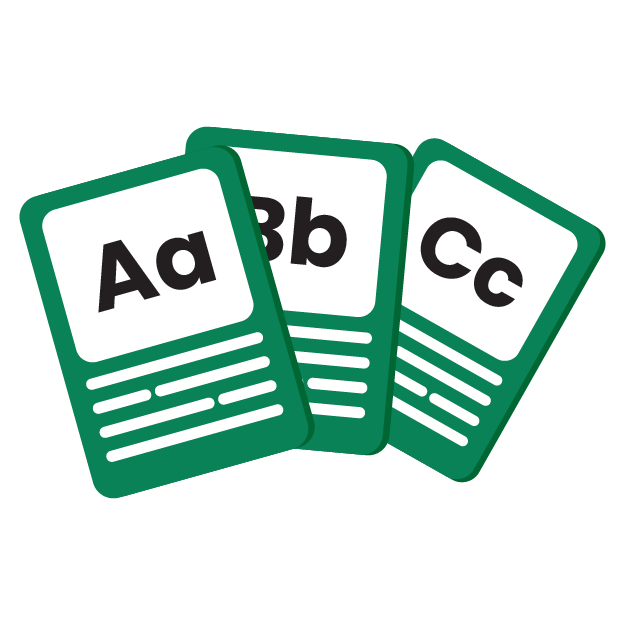 Illustration av tre gröna flashcards med bokstäver i